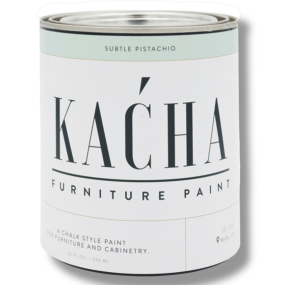 A 32 oz can of Kacha Furniture Paint in the color Subtle Pistachio (pale green) is against a white background.