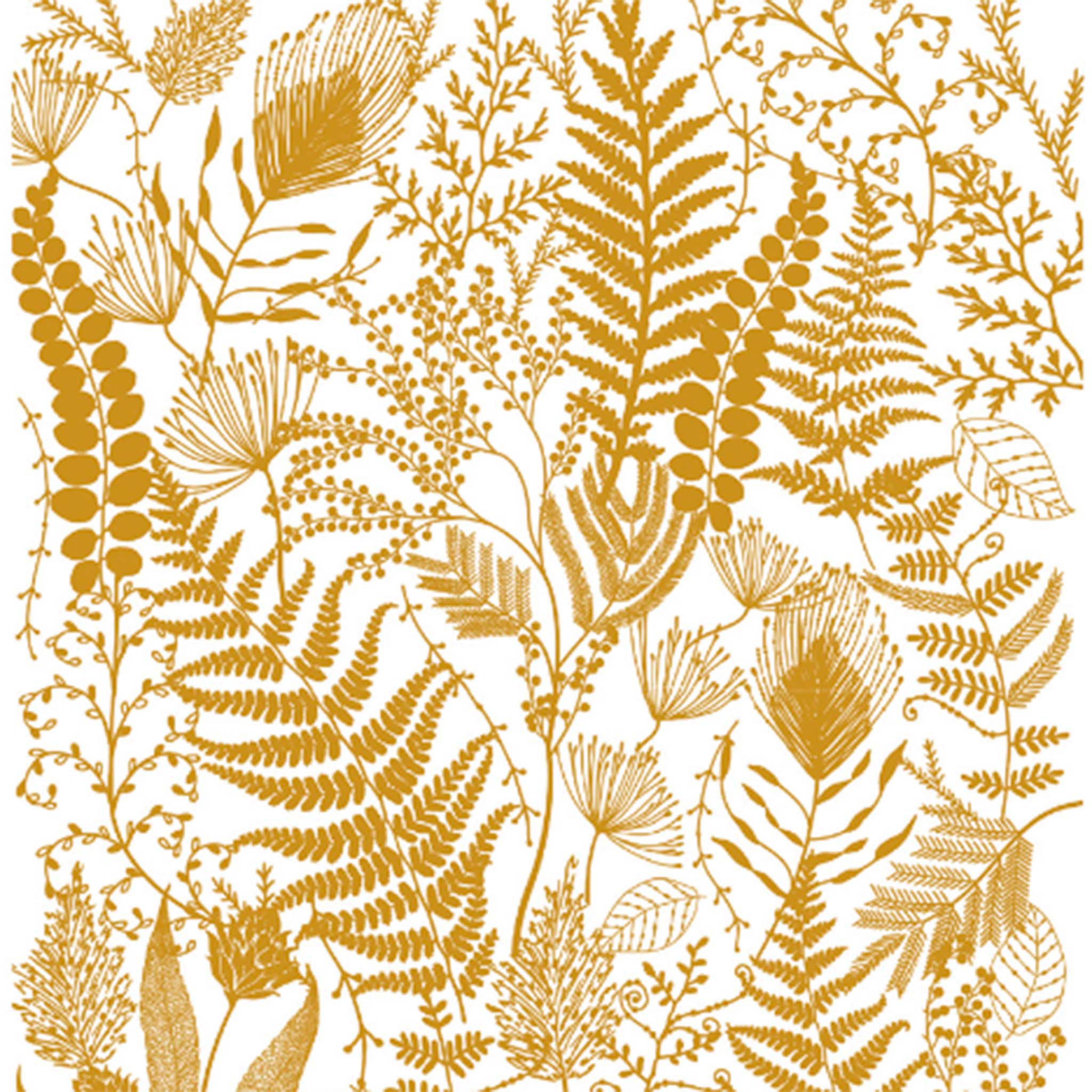 A close-up of rub-on furniture transfer against a white background features delicate ferns and petite floral sprigs in gold foil.