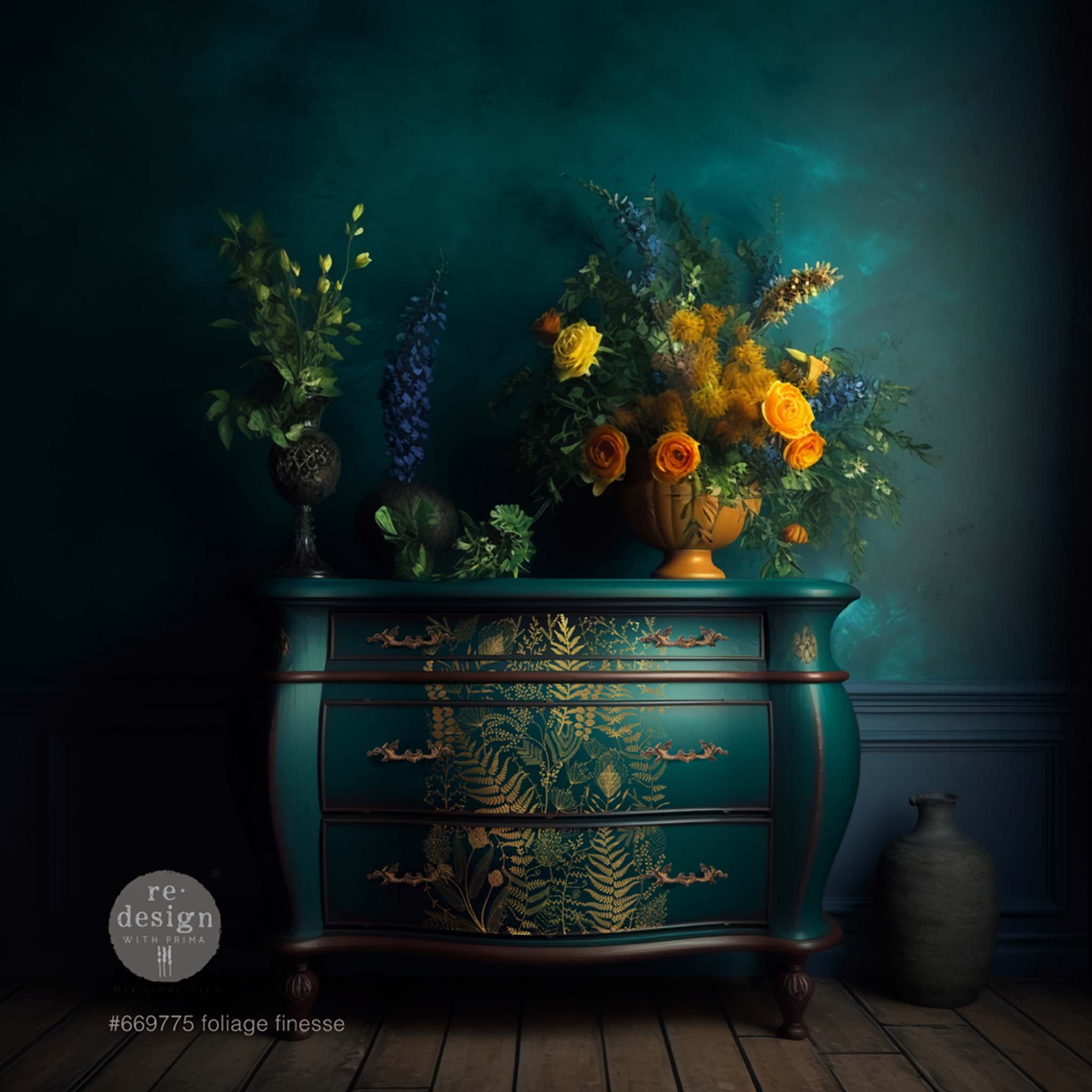 A vintage 3-drawer Bombay-style dresser is painted teal and features ReDesign with Prima's Foliage Finesse gold foil transfer in the center of its drawers.
