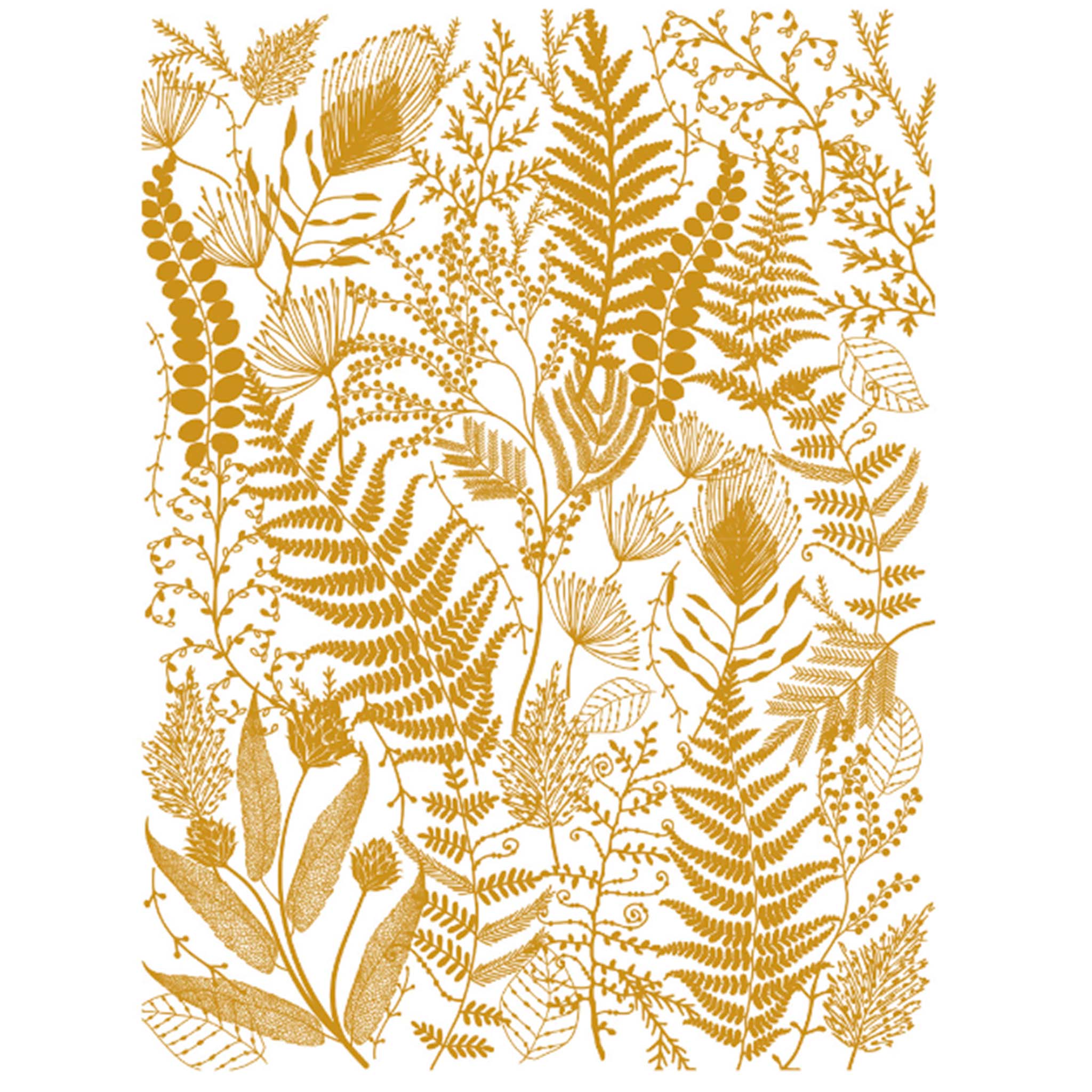 A rub-on furniture transfer against a white background features delicate ferns and petite floral sprigs in gold foil.