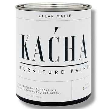 A 32oz can of Clear Matte Topcoat Kacha Furniture Paint is against a white background.