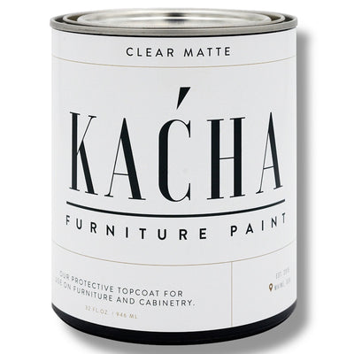 A 32oz can of Clear Matte Topcoat Kacha Furniture Paint is against a white background.