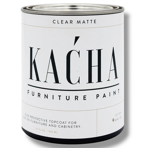A 32oz can of Clear Matte Topcoat Kacha Furniture Paint is against a white background.