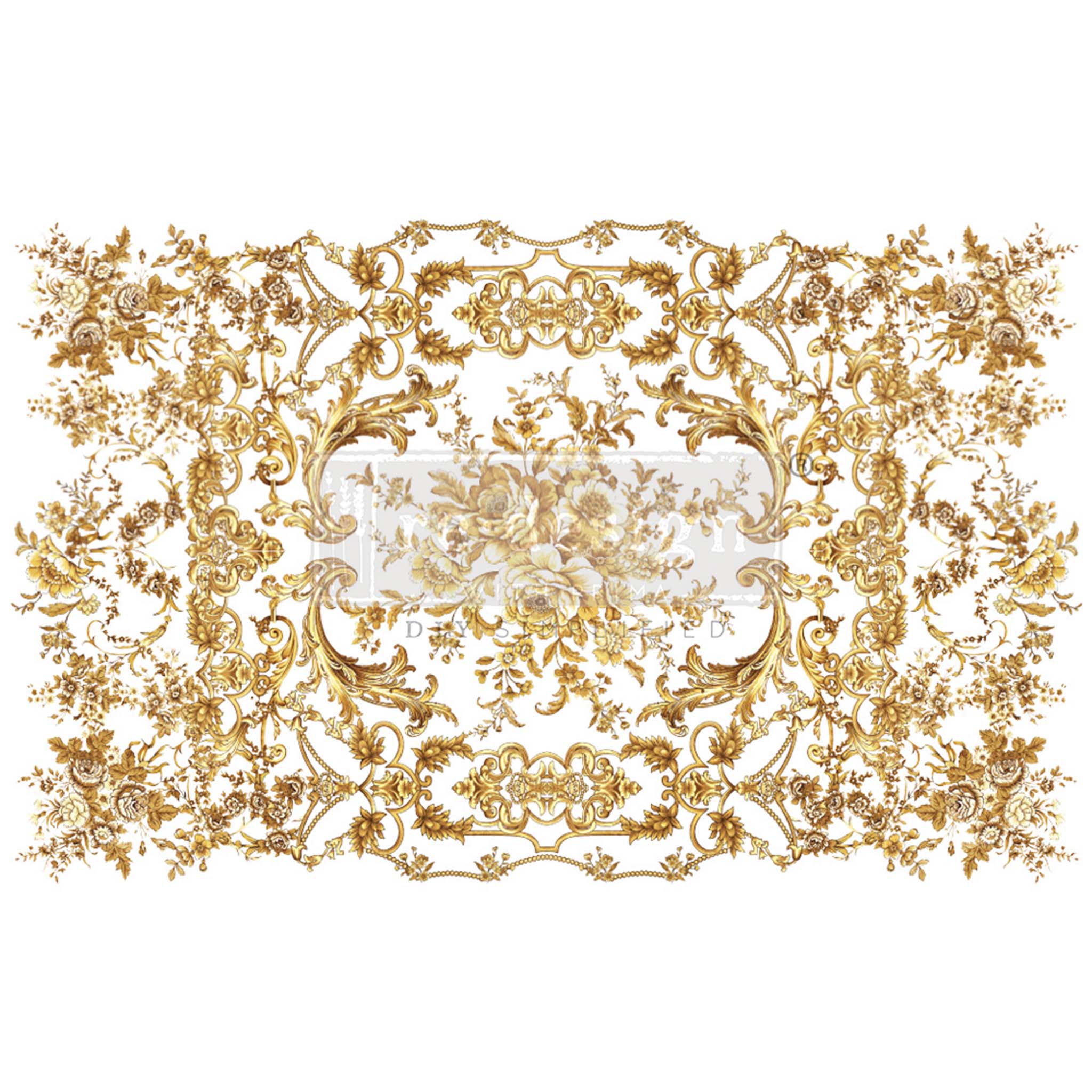 Rub-on transfer of a golden vining pattern with a central gold rose bouquet.