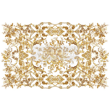 Rub-on transfer of a golden vining pattern with a central gold rose bouquet.