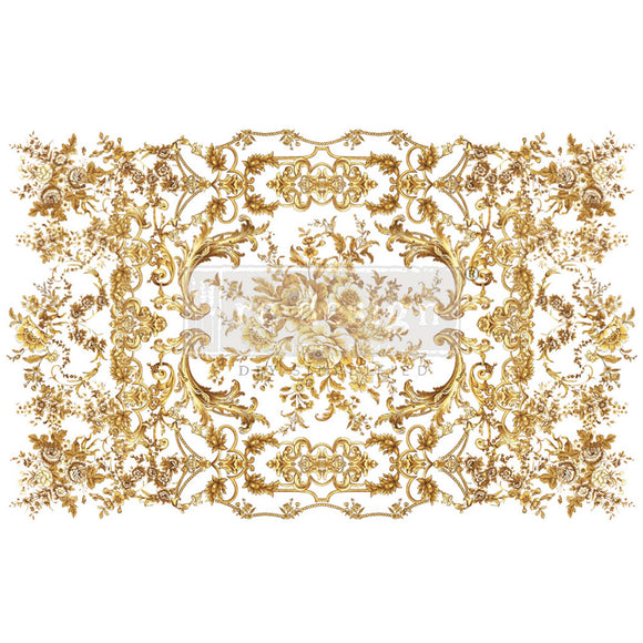 Rub-on transfer of a golden vining pattern with a central gold rose bouquet.