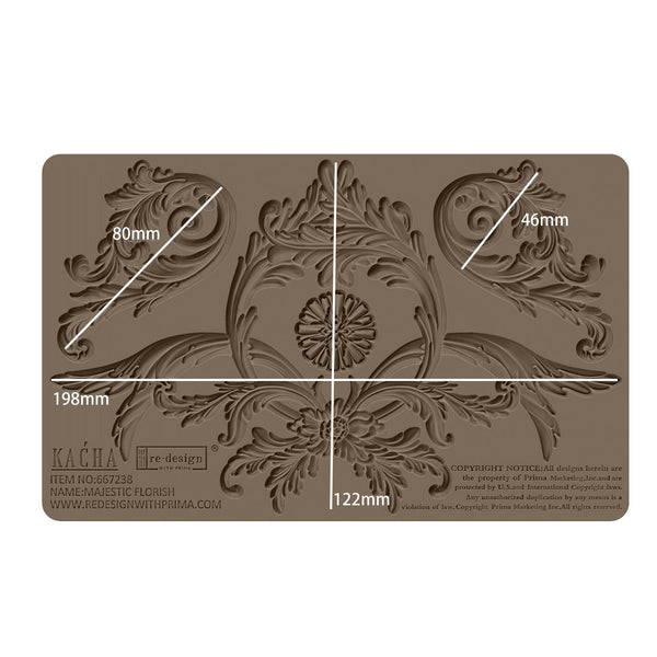 A brown silicone mould of ReDesign with Prima's Kacha Majestic Flourish is against a white background. Measurements for the large flourish reads: 198mm wide by 122mm tall.