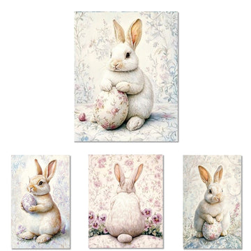 Rice paper featuring 4 images of playful bunnies holding Easter eggs surrounded by soft floral patterns are against a white background.