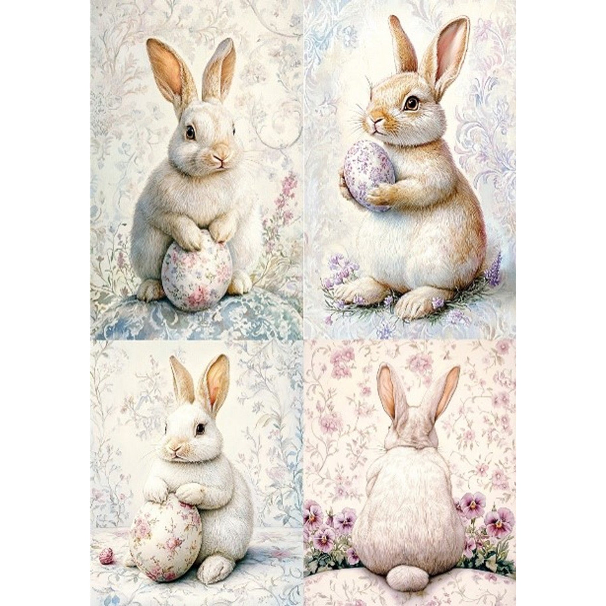 Rice paper featuring 4 images of playful bunnies holding Easter eggs surrounded by soft floral patterns. White borders are on the sides.