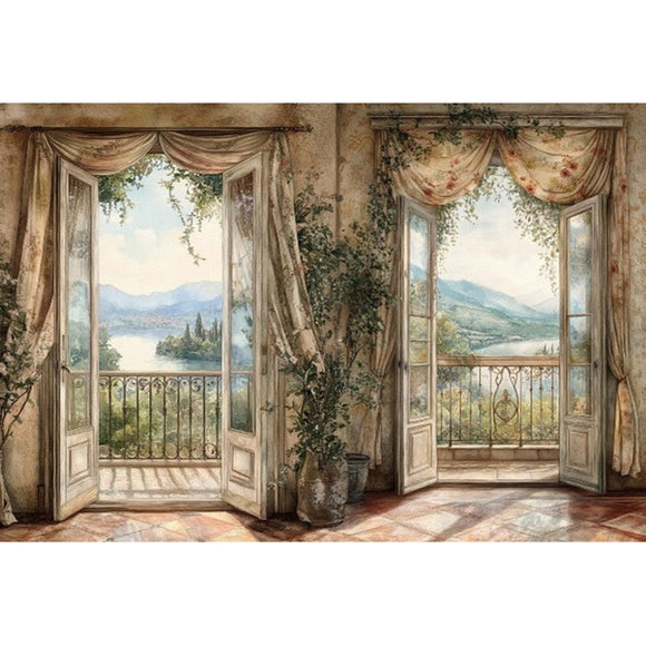 Rice paper featuring 2 scenes of balcony French doors and curtains drawn open with views of country landscapes. White borders are on the sides.
