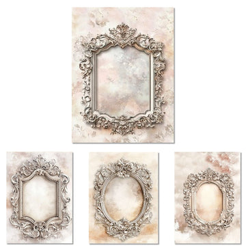 Rice paper featuring 4 ornate frames on distressed neutral toned backgrounds for a vintage feel are against a white background.