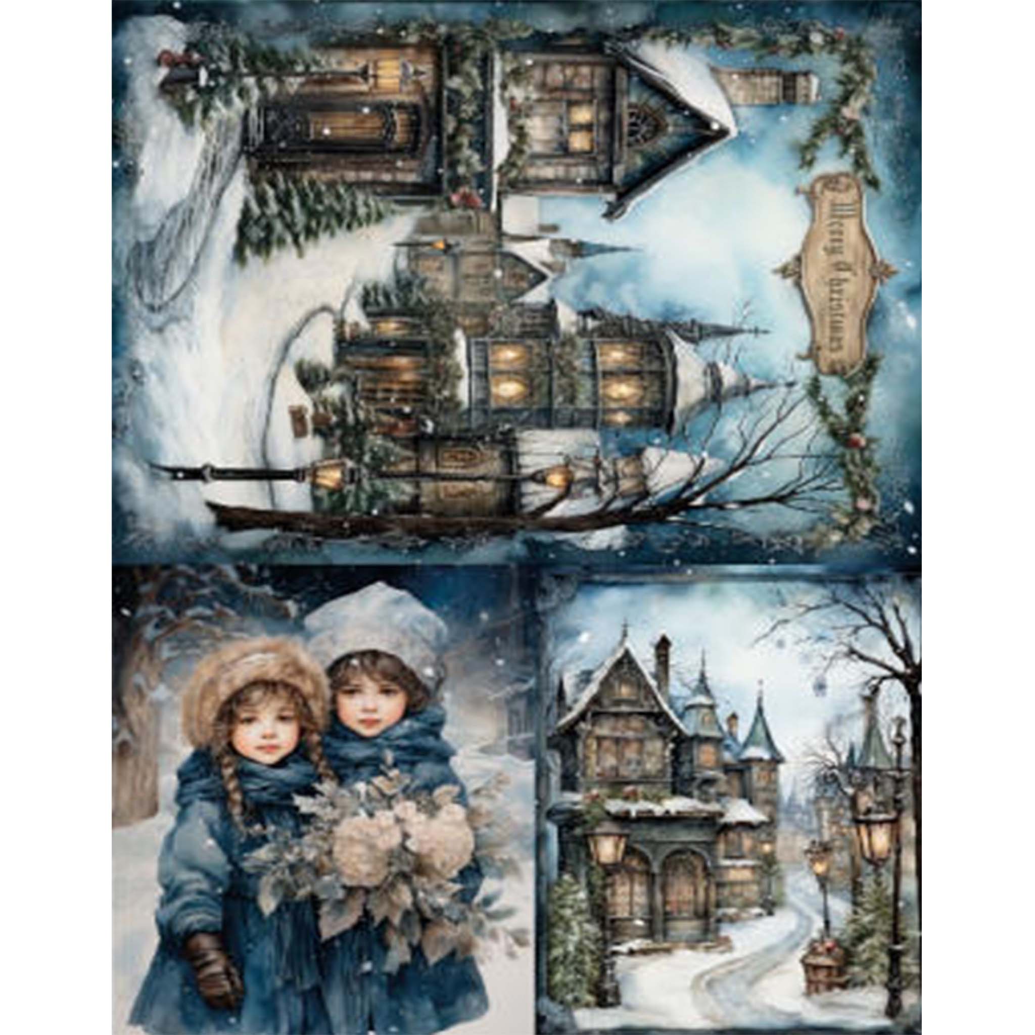 A4 Plus rice paper design featuring two stunning wintery scenes of a quaint village under a layer of snow and one image of two adorable girls bundled in their winter coats. White borders are on both sides.