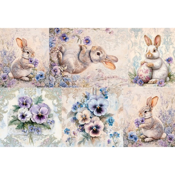Rice paper featuring 4 charming images of bunnies with pansies and 2 of pansy bouquets. White borders are on the top and bottom.