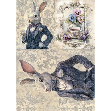 Rice paper featuring 2 sizes of a dapper white rabbit in a suit; and delicate pansies in an ornate frame, all against vintage damask backdrops. White borders are on the sides.