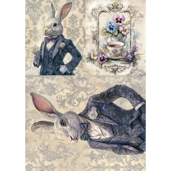 Rice paper featuring 2 sizes of a dapper white rabbit in a suit; and delicate pansies in an ornate frame, all against vintage damask backdrops. White borders are on the sides.