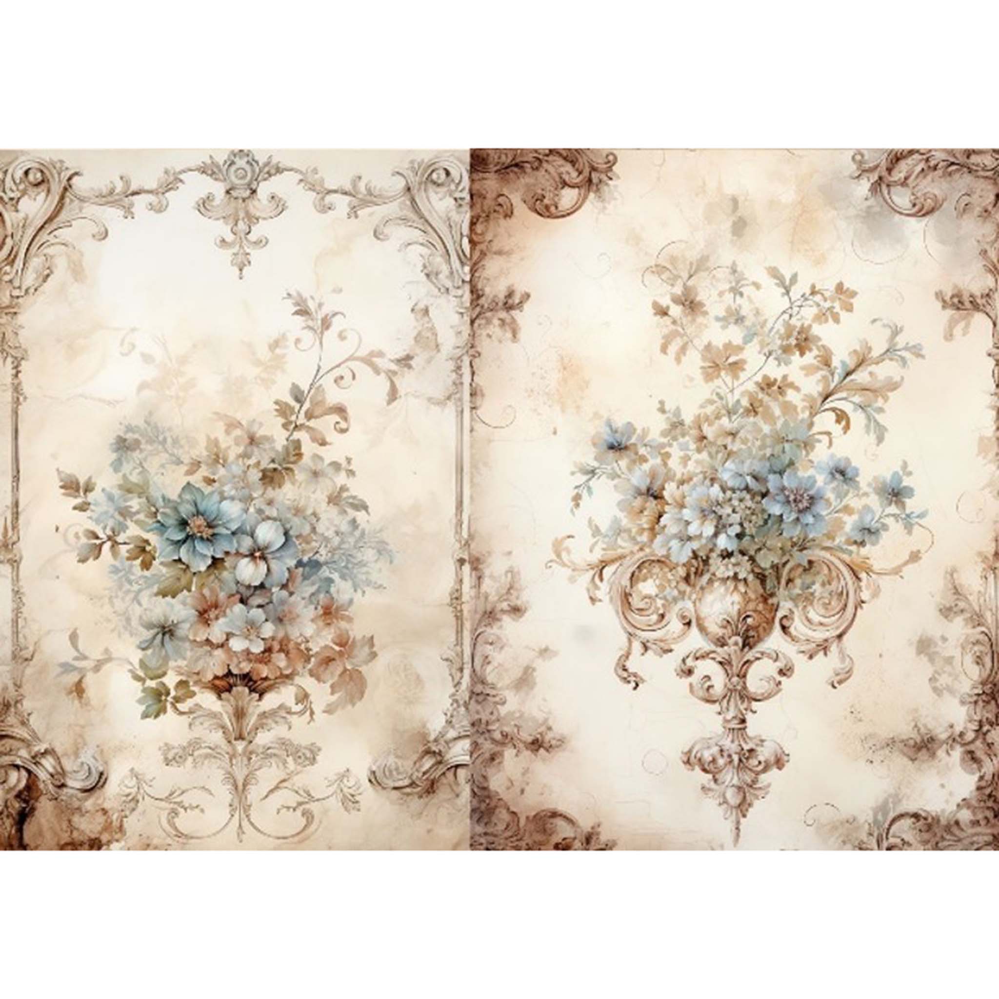 A4 Plus rice paper design that features two playful designs showcasing blue blooms spilling from elegant sconces. White borders are on the top and bottom.