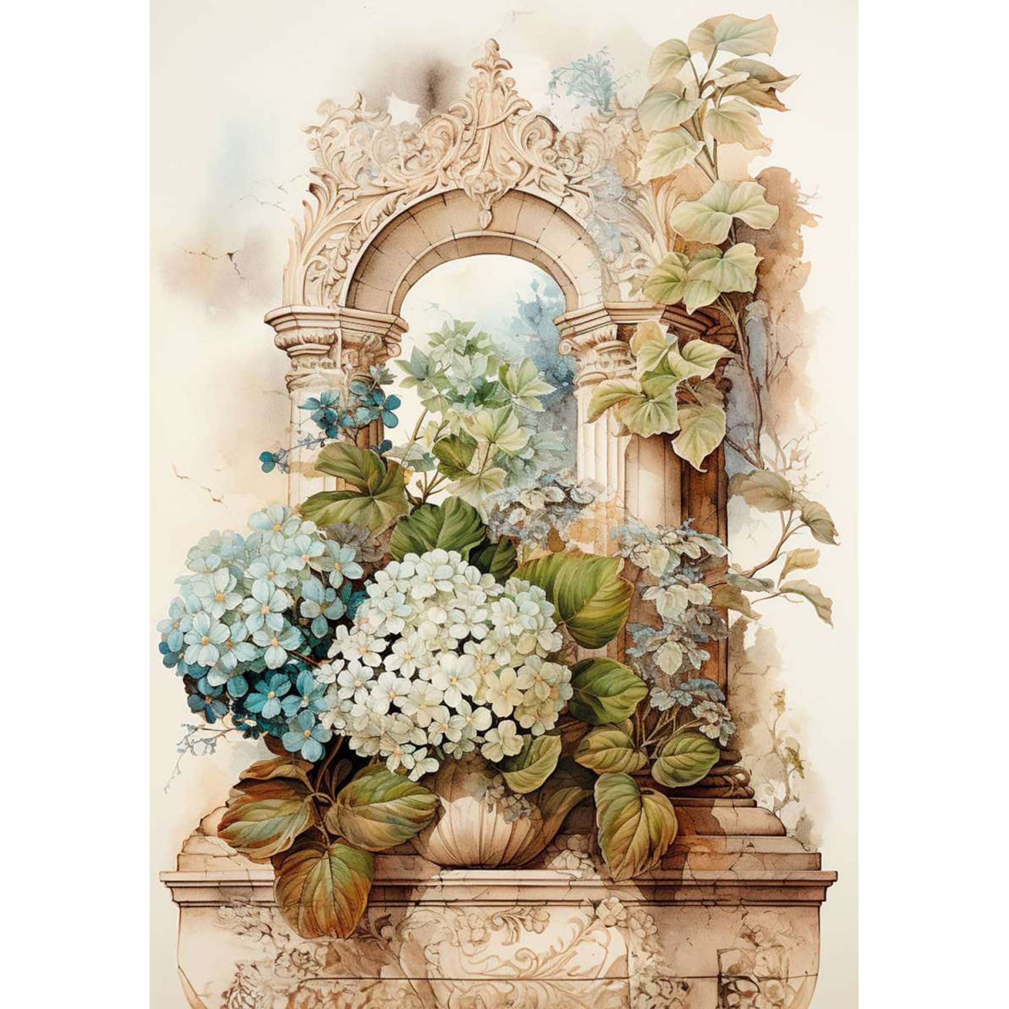A4 Plus rice paper that features blue and cream hydrangeas on a vintage entry table with a mirror behind them. White borders are on the sides.