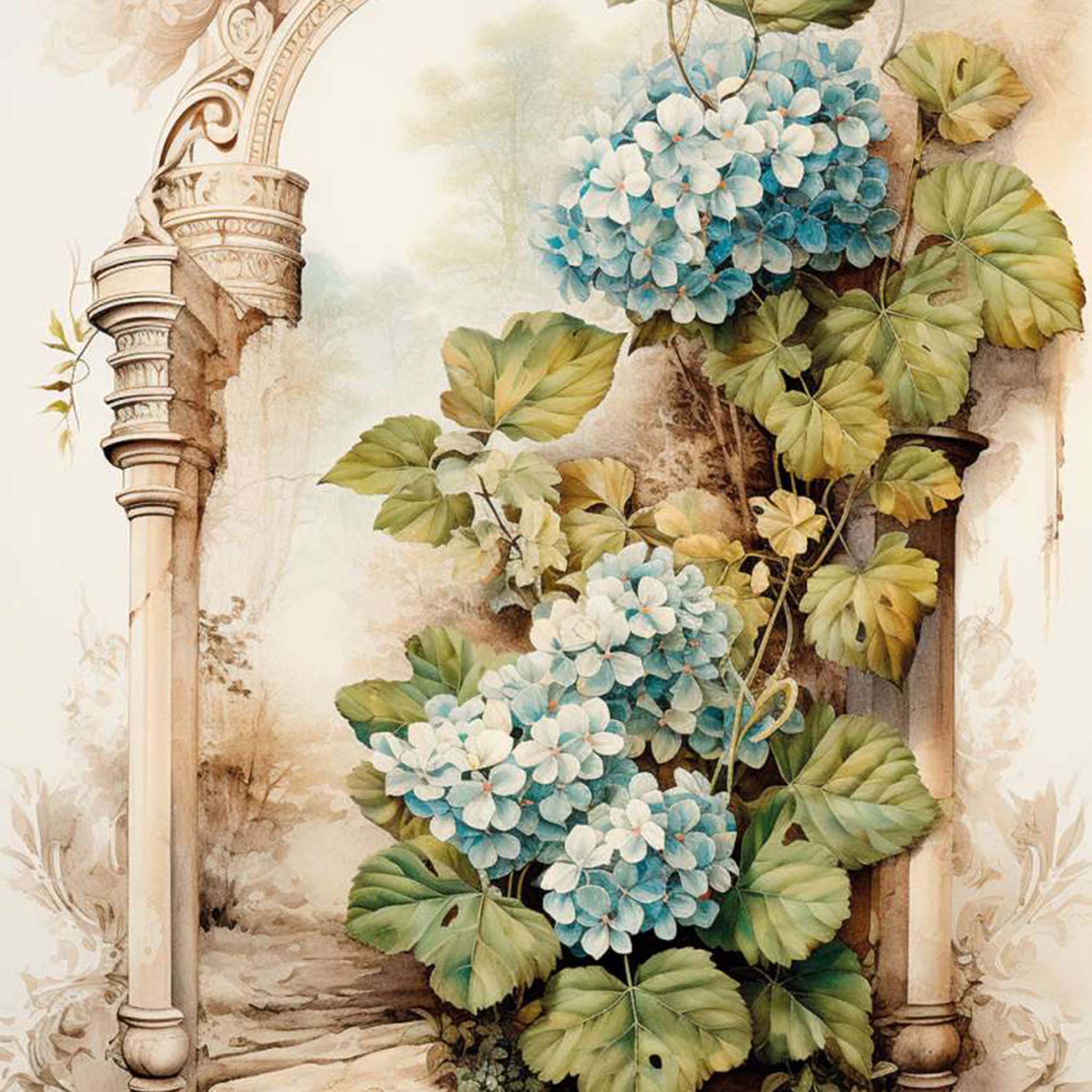 Close-up of an A4 Plus rice paper design that features blue hydrangeas in front of an rustic old world arch.
