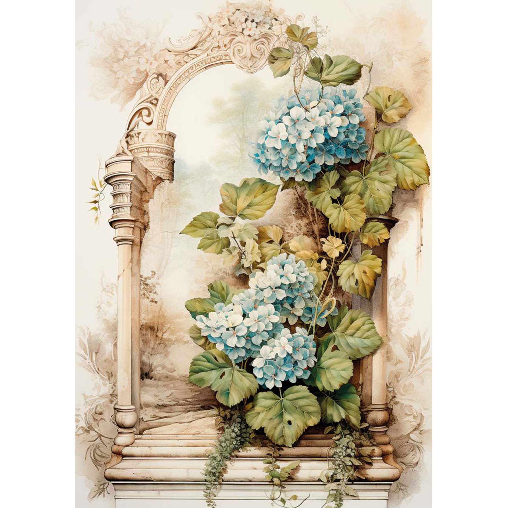 A4 Plus rice paper design that features blue hydrangeas in front of an rustic old world arch. White borders are on the sides.