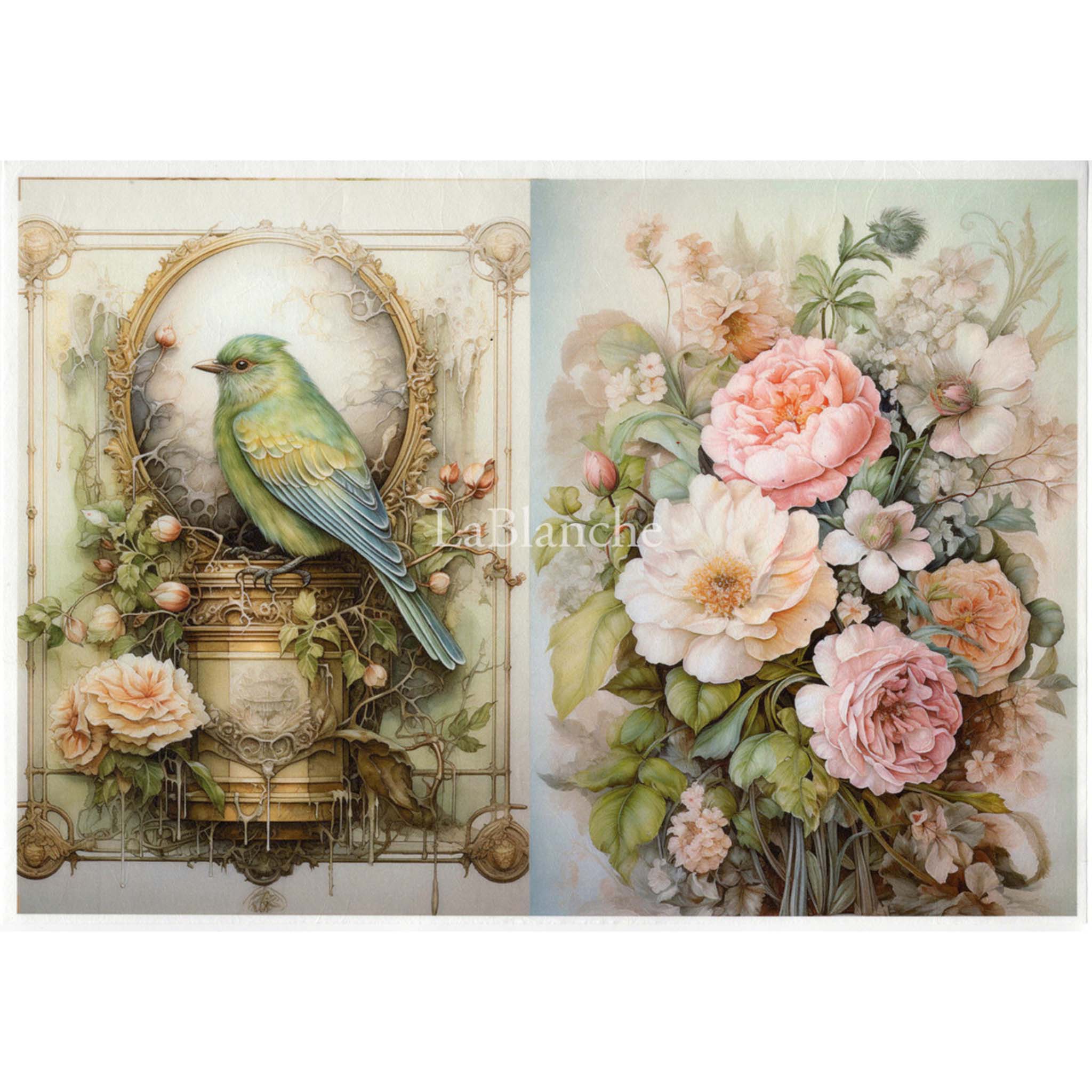 A4 rice paper featuring a delightful blue bird perched on an ornate frame on one side, and a stunning bouquet on the other.  White borders are on the top and bottom.