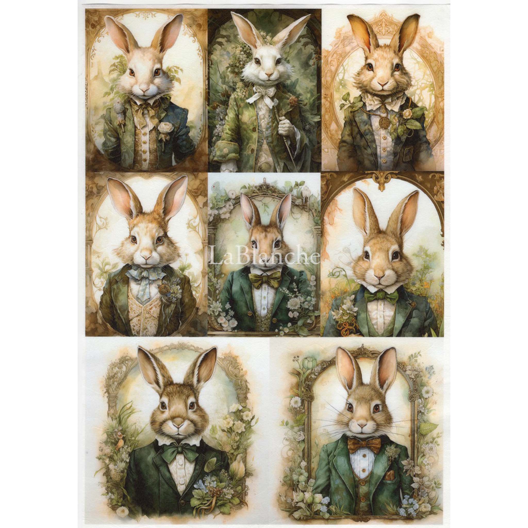 A4 Plus rice paper design that features eight designs of dapper bunnies in suits. White borders are on the sides.