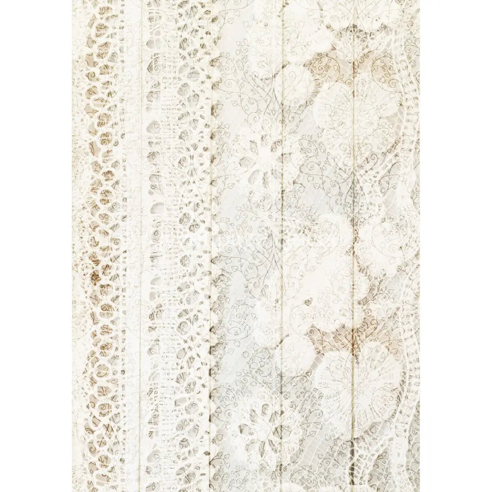 Rice paper featuring a delicate white  floral lace design. White borders are on the sides.