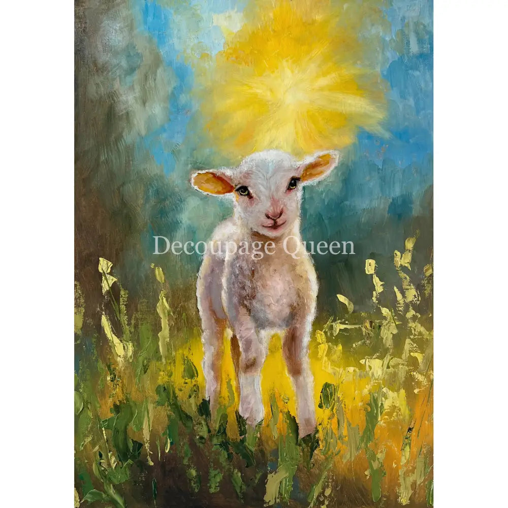 Rice paper featuring an oil painting design of a serene white lamb in a field with the sun behind it. White borders are on the sides.