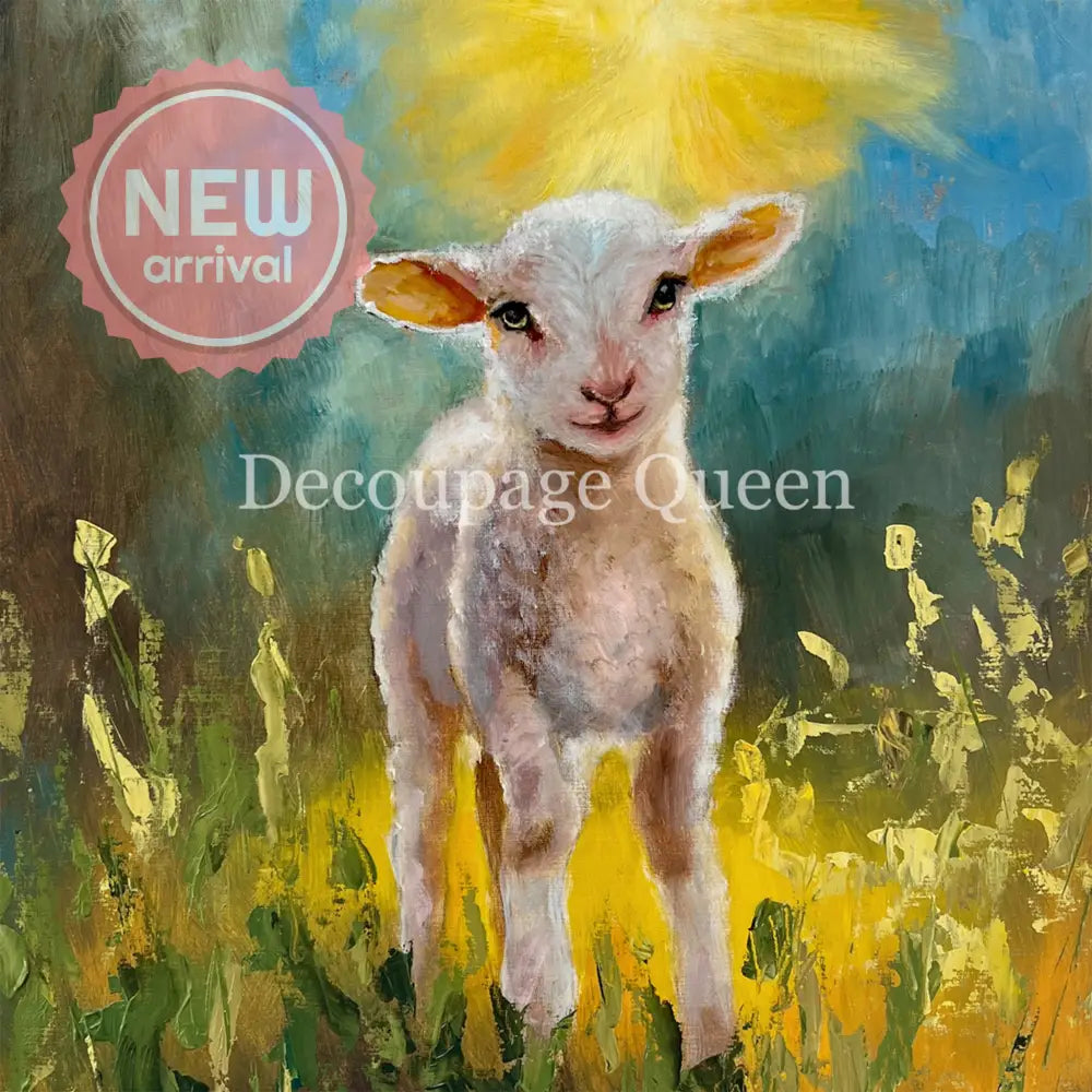 Close-up of a rice paper featuring an oil painting design of a serene white lamb in a field with the sun behind it.