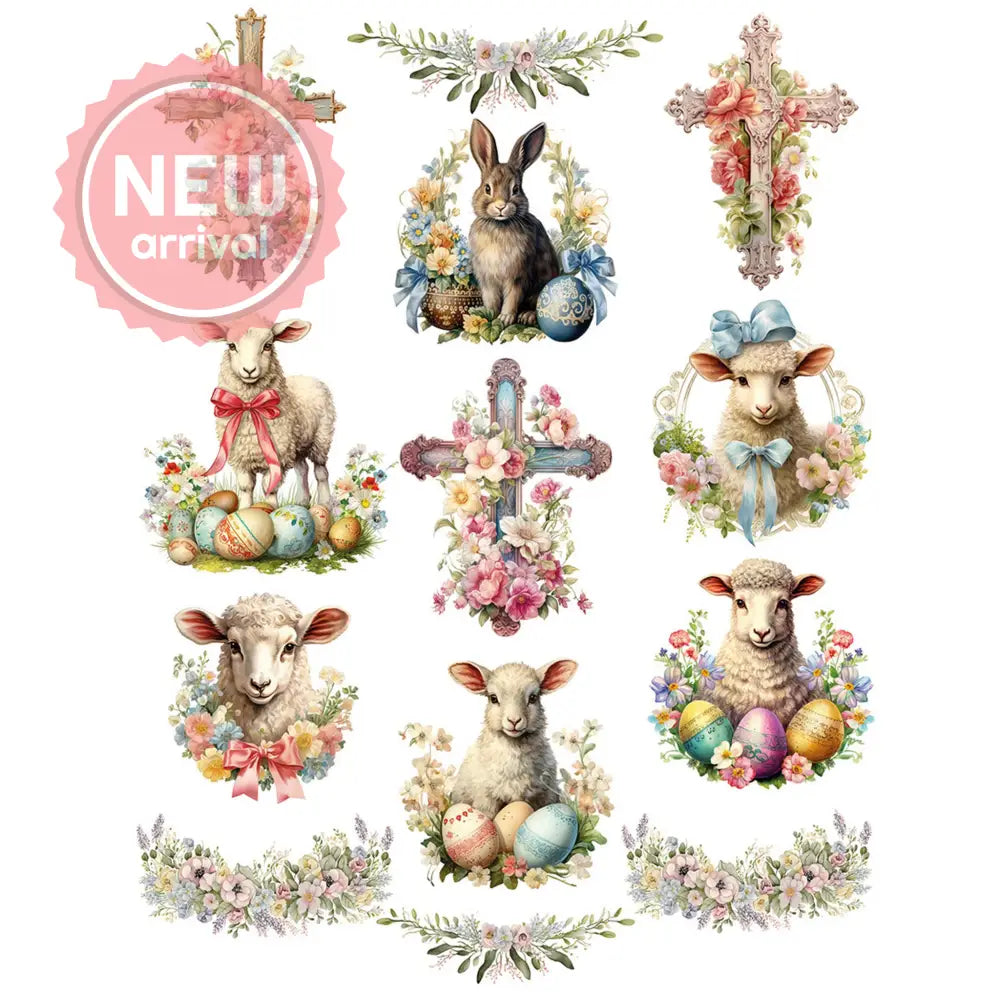 Rice paper designs against a white background feature images of Easter lambs, rabbits, and ornate crosses surrounded by flowers.