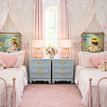 Lamora Bluebell and Sunshine decoupage tissue paper styled above twin beds in a pink girls bedroom with floral pond artwork