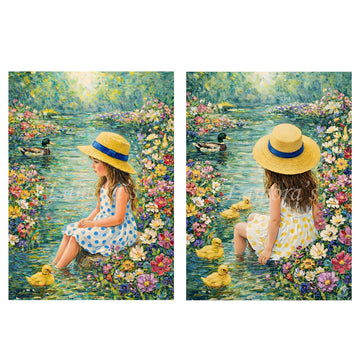 Lamora Bluebell and Sunshine decoupage tissue paper featuring two coordinating girls by pond scenes with ducks, flowers, and straw hats