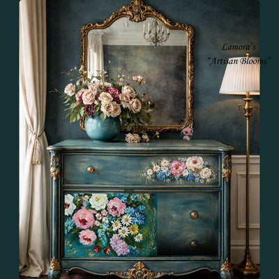 Lamora Artisan Blooms decoupage tissue paper applied to a teal vintage dresser with pink, white, and blue floral artwork