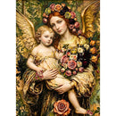 Full sheet of Lamora Earthly Angel decoupage tissue paper with angel mother and child, floral crown, roses, and gold wings