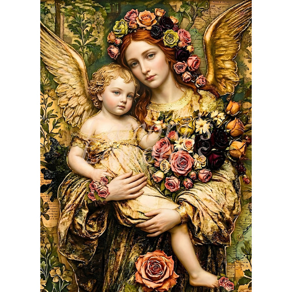 Full sheet of Lamora Earthly Angel decoupage tissue paper with angel mother and child, floral crown, roses, and gold wings