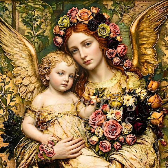 Close-up of Lamora Earthly Angel decoupage tissue paper featuring an angelic mother and child with roses and golden wings