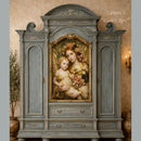 Lamora Earthly Angel decoupage tissue paper applied to a vintage blue armoire with angel mother and child artwork