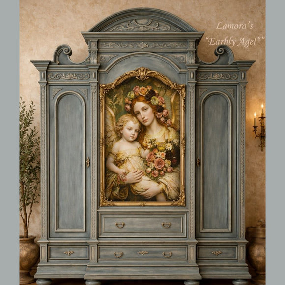 Lamora Earthly Angel decoupage tissue paper applied to a vintage blue armoire with angel mother and child artwork