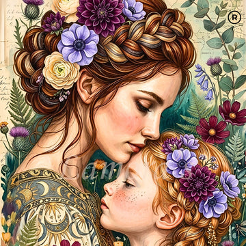 Close-up of Lamora My Reflection decoupage tissue paper showing mother and daughter artwork with purple flowers and botanical details
