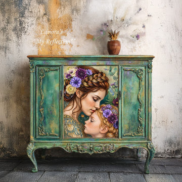 Lamora My Reflection decoupage tissue paper furniture mockup on a teal vintage cabinet with mother and daughter floral portrait