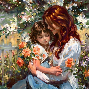 Close-up of Lamora Precious Times decoupage tissue paper featuring a mother and daughter surrounded by roses and soft garden florals