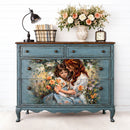 Lamora Precious Times decoupage tissue paper shown on a blue vintage dresser with a mother and daughter floral garden design