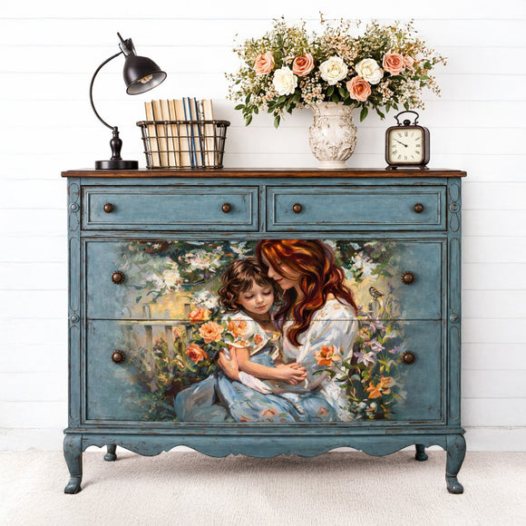 Lamora Precious Times decoupage tissue paper shown on a blue vintage dresser with a mother and daughter floral garden design