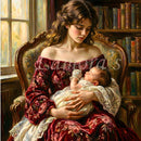 Close-up of Lamora Tender Hold decoupage paper featuring a mother holding a baby in a vintage library setting