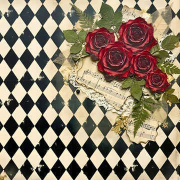Close-up of Lamora Harlequin Romance decoupage paper with black and cream harlequin pattern, deep red roses, sheet music, lace, and greenery