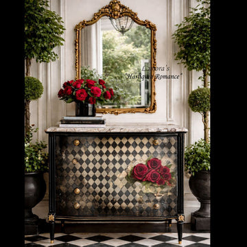 Lamora Harlequin Romance decoupage tissue paper furniture mockup on a black harlequin dresser with red roses and vintage romantic details