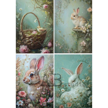 Le Petit Paris cottage garden bunny panels A4 rice decoupage paper with four pastel watercolor spring scenes—basket with chick, bunnies, and wildflowers.