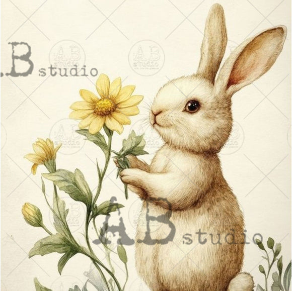 Close-up of AB Studio Le Petit Paris A4 rice decoupage paper showing watercolor bunny holding a yellow wildflower