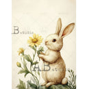Full sheet of AB Studio Le Petit Paris A4 rice decoupage paper with vintage watercolor bunny and botanical wildflowers on cream background