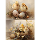 Easter chicks in a twig nest with spring blossoms A4 rice decoupage paper for cards, ornaments, and mixed media