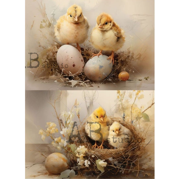 Easter chicks in a twig nest with spring blossoms A4 rice decoupage paper for cards, ornaments, and mixed media